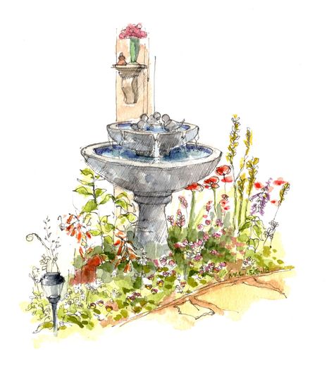 Backyard Sketch, Garden Sketch Drawing, Watercolor Fountain, Fountain Sketch, Backyard Drawing, Fountain Drawing, Watercolor Bujo, Garden Sketches, Ink With Watercolor