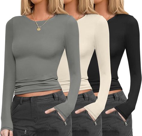 Amazon.com: Ekouaer Womens 3 Pack Long Sleeve Shirts Fitted Tops Base Layering Tight Thermal Undershirts Black/Brown/White S : Clothing, Shoes & Jewelry Long Sleeve Fits, Fitted Long Sleeve Shirt, Long Sleeve Shirt Outfits, Boat Neck Design, Belle Outfit, Fitted Tops, Stylish Crop Top, Base Layer Women, Amazon Clothes