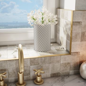 Gold Tiles, Key West House, Cream Tile, Gold Light Fixture, Houston Houses, Gold Tile, Bullnose Tile, Victorian Bathroom, Tile Edge