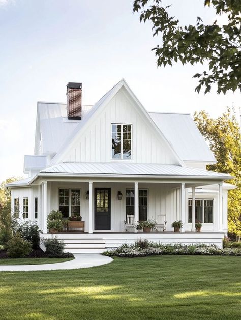 Farmhouse dreams White Farmhouse Silver Metal Roof, White Farmhouse With Porch, White Country House Exterior, Off White Farmhouse Exterior, All White Farmhouse, White Barn House, Farmhouse Master Suite, Four Gables Farmhouse, 1900 Farmhouse