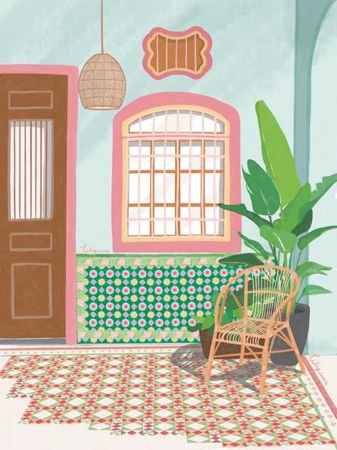 Retro Tile Pattern, Penang Illustration, Peranakan Pattern, Peranakan Art, Malaysia Art, Peranakan Tiles, Baba Nyonya, Singapore Art, Custom Portrait Illustration