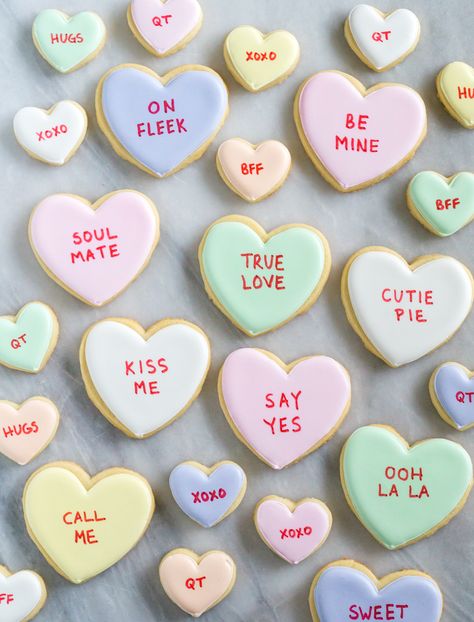 Conversation Heart Cookies, Valentine Cookies Decorated, Valentines Day Sugar Cookies, Heart Sugar Cookie, Valentine Sugar Cookies, Valentines Baking, Shaped Cookies, Conversation Heart, Valentine Desserts