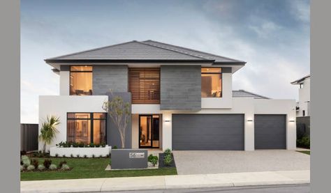 Display Homes in Perth | newhousing.com.au House Facades Australia, Natural Stone Cladding, Double Story House, Two Story House Design, Double Storey House, Home Hall Design, House Cladding, Hip Roof, Storey Homes