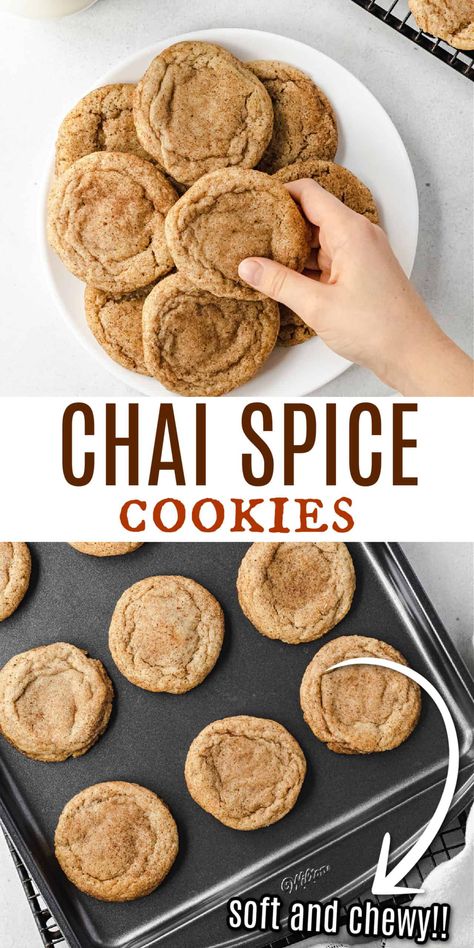 Spiced Chai Cookies, Chai Spice Snickerdoodles, Eggless Fall Desserts, Weekly Baked Goods, Chai Spice Bread, Delicious Fall Dessert Recipes, Chia Spiced Cookies, Cookies That Stay Soft, Fall Dinner For One