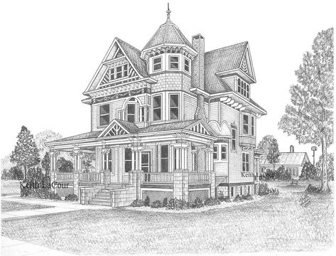 Victorian House / Aviston, IL | Pencil drawing by Keith LaCo… | Flickr Simple House Drawing, House Design Drawing, House Colouring Pages, Drawing Eyes, Building Drawing, House Sketch, Drawing Faces, Architecture Model Making, Pencil Drawings Easy