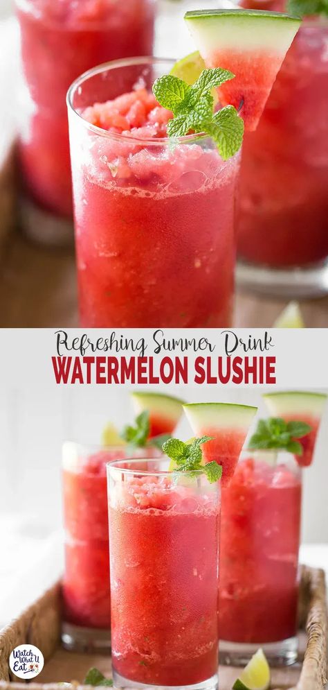 Beat the summer heat by making this quick and easy frozen watermelon slush. No sugar added and also kids friendly so that the whole family can enjoy this healthy summer drink. | #watchwhatueat #watermelonslushie #slushie #watermelon #nonalcoholic Cocktail Slushies, Watermelon Slush, Summer Drinks Nonalcoholic, Watermelon Slushie, Wine Slushies, Infused Recipes, Healthy Summer Drinks, Slush Recipes, Pina Colada Smoothie