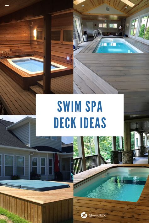 These beautiful pool deck ideas are certain to inspire you. SwimEx swim spas can be installed almost anywhere – inside, outside, above ground, in the ground, or semi-inground. Decks Around Swim Spas, Swimspa Decking Ideas, Swim Spas Above Ground Backyard, Spa Pool Decking Ideas, Swim Spas Backyard Ideas, Above Ground Swim Spa Backyard Ideas, Swim Spa Landscaping Above Ground, Indoor Above Ground Pool, Inground Swim Spa Backyard Ideas