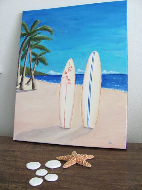 Painting Ideas On Canvas Summer Vibes, Sup And Paint Ideas, Surf Boards Painting, Surfboard Canvas Painting, Aesthetic Beach Painting Ideas, Painting Of A Surfboard, Summer Paintings Simple, Surf Painting Ideas, Summer Simple Paintings