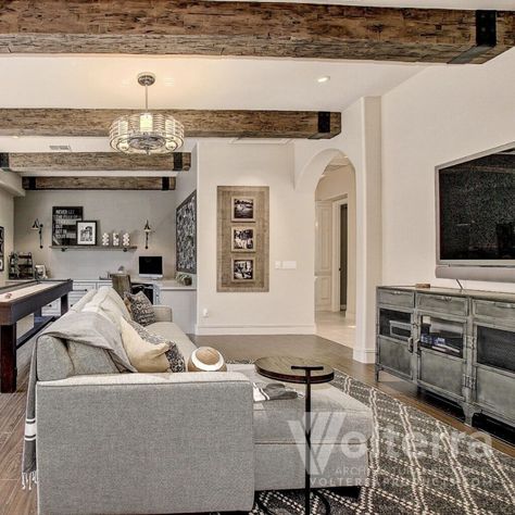 How to Add Decorative Beams to Low Ceilings - Volterra Architectural Products Decorative Beams Ceiling, Beams On Low Ceiling, Faux Beams Flat Ceiling, Adding Beams To Low Ceiling, Support Beams In Living Room, Wooden Beams Ceiling Living Room, Faux Beams Low Ceiling, Ceiling Accent Ideas, Fake Beams Ceiling