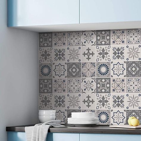 Moroccan Wall Tiles, Moroccan Kitchen, Vinyl Backsplash, Light Grey Kitchens, Moroccan Wall, Peel N Stick Backsplash, Moroccan Tiles, Tile Designs, Moroccan Tile