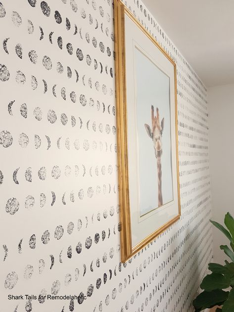 DIY lunar cycle stamped accent wall for a gender neutral baby nursery | Paint this entire wall in one day and save hundreds of dollars over buying hand-painted wallpaper Wallpaper Gender Neutral, Nursery Wallpaper Accent Wall, Baby Nursery Wallpaper, Nursery Accents, Gender Neutral Baby Nursery, Nursery Accent Wall, Kindergarten Wallpaper, Fantasy Bedroom, Baby Nursery Neutral