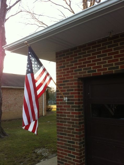 Flag On House Exterior, Hanging Flag On House, Flag Placement On House, Flag Pole On House, Flag Pole Ideas Diy, American Flag On House, Flag On House, Brick Porch, Eagle Project