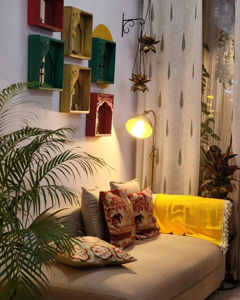 Long........ weekend 🏡❤️✨️ Balcony curtain @ikea.india Loving room curtains and yellow throw @urbanspacestore.in Coffee table . Floor lamp . White throw @amazonhomeindia Wall decor @pepperfry_official Lotus hanging . Elephant show piece @homecentreindia Cushion covers @indiacircus Beaded placemat @sajjadecor Brass nandi @mypoojabox Urli @behomaindia Indian homedecor .. Interiorideas. Living room .plants. brassdecor #indianhome #indianhomedecor #homedecor #decorideas #houseplants... Asian Apartment Aesthetic, South Asian Home Decor, Ikea India, Lotus Hanging, Room Plants, India Decor, Floor Lamp White, South Asian Aesthetic, Indian Living Room