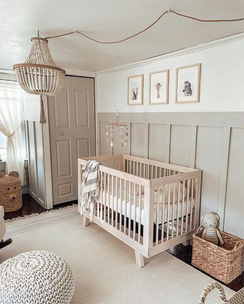 Amazon Home on Instagram: "Neutral nursery inspo 👶 Share your nursery style using #AmazonHome and shop these looks at the link in bio. 📷: @kaylee_dolin, @clurcee, @cacticotto_home, @allihavrilla, @jessicalouise.home" Wood Pannel Ideas Nursery, Wainscoting One Wall Nursery, Nursery Ideas Tan Walls, Accent Wall Uneven Ceiling, Panelled Nursery Ideas, White Accent Wall Nursery, Slat Wall Ideas Nursery, Nursery Panel Wall, Light Neutral Nursery