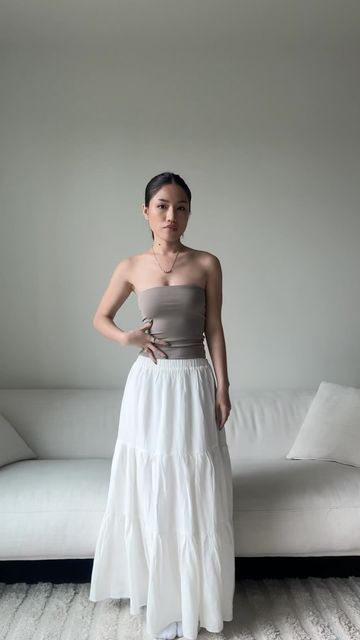 Tho Pham on Instagram: "@shop.emiu tube top >>>" Tube Top Lehenga, Long Skirt Tube Top, Outfits With Tube Tops, Cute Tube Top Outfits, Full White Outfit, Tita Fits, White Tube Top Outfit, Tube Top Outfit Ideas, Tube Outfit