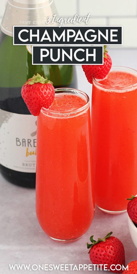 Strawberry Wine Punch, Valentines Day Punch Alcohol, Champagne Party Drinks, Breakfast Mixed Drinks, Sparkling Strawberry Punch, What To Mix With Champagne, Champagne Punch Recipes Easy, Easy Champagne Punch, Strawberry Prosecco Cocktail