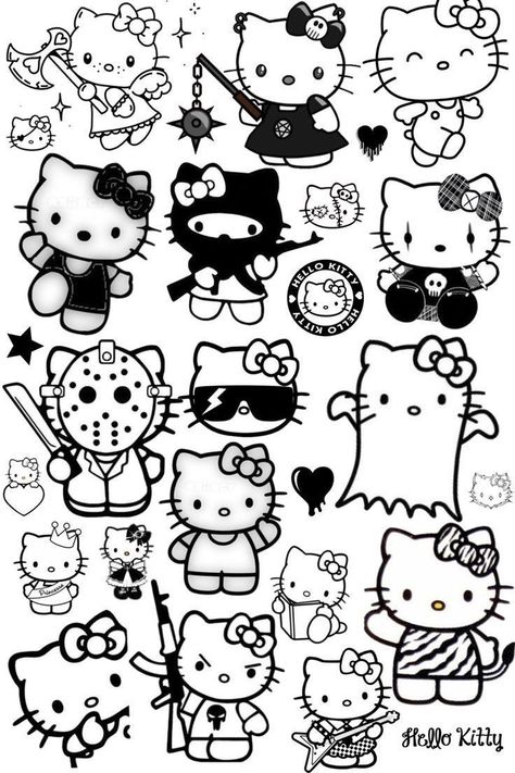 Free Tattoo Flash Sheets, Tattoos To Color In, Halloween Hello Kitty Tattoo, Hello Kitty To Draw, Cute Black And White Stickers, Diy Sticker Ideas, Black And White Hello Kitty, Black White Stickers, Jack Skellington Tattoo