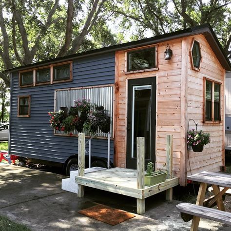 This is an HGTV tiny house that’s for sale now. The 210 sq. ft. tiny home was built by a young woman and her father for her thesis project, and she is going to use the money from the sale to … Tiny House Towns, Shake Shingle, Hall House, Tiny House Exterior, Lakeside Cabin, Loft Bedroom, Tiny House Inspiration, Tiny House Floor Plans, Full Kitchen