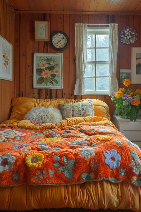 Eclectic Bedding Inspiration, 70s Style Bedroom, Groovy Bedroom, Vintage Bedroom Ideas, Vintage Bedroom, Dream House Interior, House Room, Apartment Inspiration, Room Inspiration Bedroom