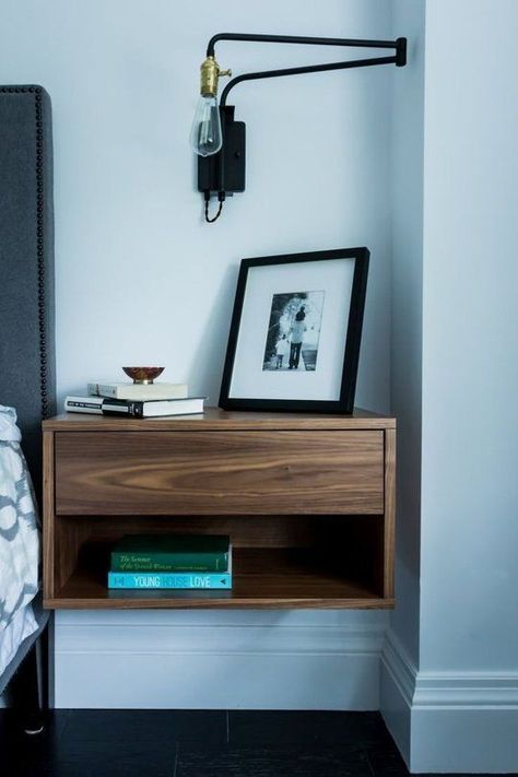 More Like Home: Nightstands Day 9 - Floating Nightstand with Drawer Nightstand Design, Floating Bedside Table, Decor Ikea, Прикроватные Тумбочки, Casa Vintage, Table Designs, Small Bedroom Decor, Night Stands, Bedroom Night Stands