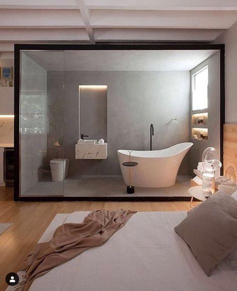 Hotel Bedroom Design, Open Bathroom, Modern Style Bathroom, Minimal Interior Design, Design Hotel, Minimalism Interior, Interior Architect, Remodel Bedroom, Bathroom Styling