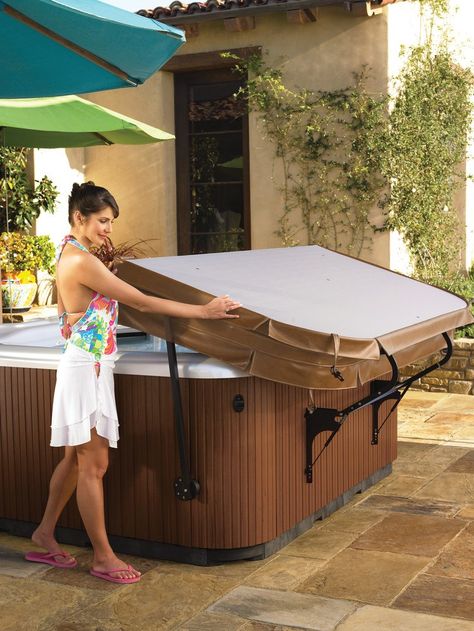 Follow a few tips to keep your hot tub cover in good shape. Diy Hot Tub Cover, Spa Cover Lifter, Diy Hot Tub, Hot Tub Accessories, Tub Cover, Hot Tub Cover, Patio Deck Designs, Spring Spa, Spa Tub