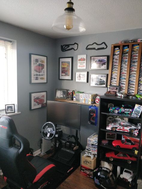 My sim racing/man cave in the office at home Car Themed Room Aesthetic, Jdm Car Room Decor, Car Room Decor Aesthetic, F1 Aesthetic Room, Car Guy Bedroom Aesthetic, Racing Bedroom Ideas, F1 House Decor, Racing Room Ideas, Formula 1 Bedroom Ideas