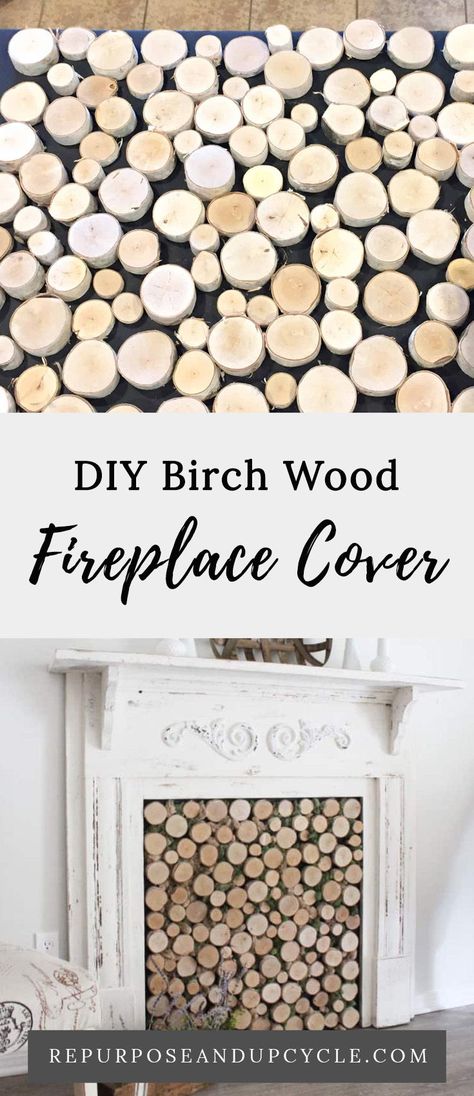 Birch Fireplace Insert, Fireplace Wood Decor, Fake Wood Fireplace Logs, Birchwood Fireplace Logs, Antique Faux Fireplace, Fireplace Insert Ideas Diy, Wood Slice Fireplace Cover, Faux Wood Fireplace Insert, Faux Fireplace With Wood Rounds