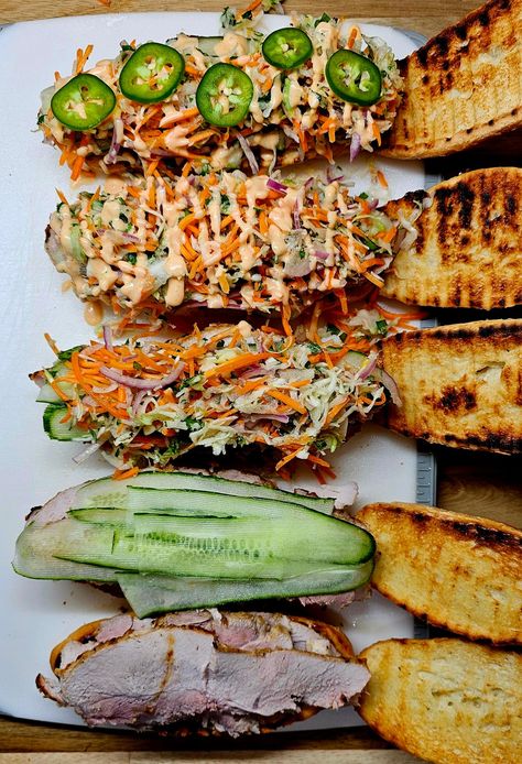 Pork Bahn Mi - Homemade on a Weeknight Bahn Mi Sandwich Recipes, Pork Belly Bahn Mi Sandwich, Ban Mi Sandwich Recipe Pork, Bahn Mi Marinade, Bahn Mi Sauce, Bah Mi Sandwich, Pork Bahn Mi Sandwich, Bahn Mi Sandwich Recipe, Pork Belly Bahn Mi