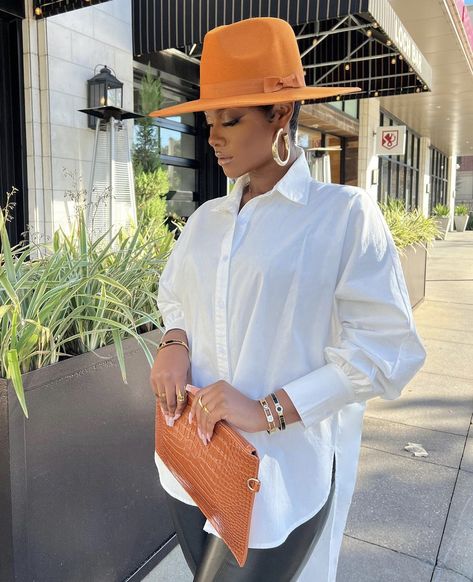 Hats With Short Hair Black Women, Burnt Orange Hat Outfit, Locs And Fedoras, Fedora Hat Outfit Fall Black Women, Fedora Hat Outfit Summer Casual, Fedora Outfit, Fedora Hat Outfits, Hat Outfits, Classy Hats