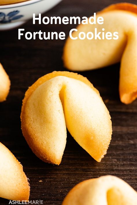 These custom fortune cookies are perfect for the Chinese New Year or anything else you can think of! Easy to make with a subtle flavor and a great crunch. #chinesenewyear #fortunecookie #chinesetakeout #ashleemarierecipes #customfortunecookies Homemade Fortune Cookies Easy, Vegan Fortune Cookies, Diy Fortune Cookies Paper, How To Make Fortune Cookies Recipes, Easy Fortune Cookie Recipe, How To Make Fortune Cookies, Chinese New Year Treats, Vietnamese Cookies, Chinese Cookies Recipe