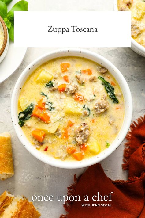 Zuppa Toscana Recipe Zupa Toscana Soup, Italian Sausage Potatoes, Potatoes And Spinach, Soup And Stew Recipes, Selfie Challenge, Once Upon A Chef, Toscana Soup, Brunch Bread, Sausage Potatoes