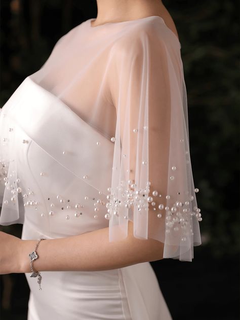 1pc Korean Style Bridal Wedding Shawl Cape Plus Size White Elegant & Simple White Shawl With Pearl Embellishment | SHEIN UK Korean Bridal Dress, White Christmas Outfit Ideas, Wedding Dress Coverup Ideas, Korean Wedding Dress Simple, Wedding Gown With Cape, Dress Coverup Ideas, Pearl Cape, Wedding Dress Topper, Korean Wedding Dress