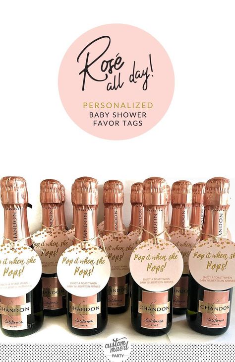 ROSE ALL DAY Champagne Baby Shower Tags - Personalized Baby Shower Tags - Pop it when she pops! CUSTOM REQUESTS WELCOME! #popitwhenshepops #champagnebabyshower #babyshowerfavors Champagne Party Favors, Favors Baby Shower Girl, Pink Baby Shower Favors, Pop It When She Pops, Baby Shower Roses, Personalized Baby Shower Favors, Pop Baby Showers, Baby Shower Favors Girl, Baby Shower Tags