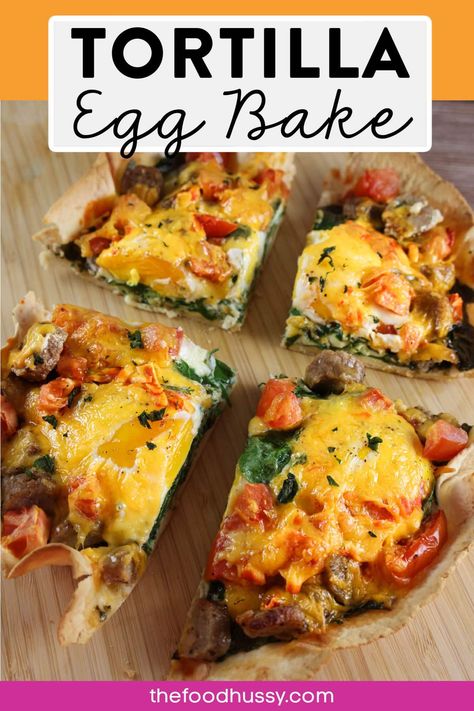 This Tortilla Egg Bake is my FAVORITE breakfast! It's super simple and loaded with eggs, sausage, tomatoes, cheese & spinach. BONUS: it's less than 200 calories a slice!!! via @foodhussy Spinach And Eggs Breakfast, Egg Tortilla, Breakfast Tortilla, Tortilla Bake, Tomato Breakfast, Cottage Cheese Eggs, Spinach Tortilla, Bariatric Friendly Recipes, Cheese Spinach