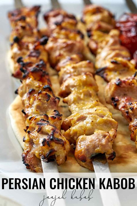 Joojeh Kabob (Persian Chicken Kabob) Persian Grilled Chicken, Persian Joojeh Kabob, Iranian Chicken Kabob, Persian Chicken Recipes, Persian Chicken Kabob Marinade, Cooking With Saffron, Joojeh Kabob Recipe, Iranian Chicken Recipes, Persian Chicken Recipe