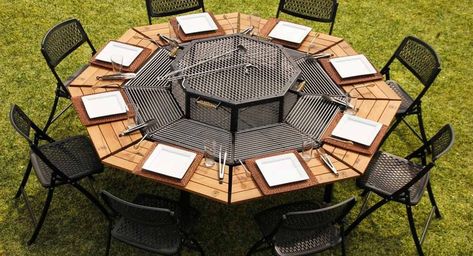 This 8-Person Hibachi Table Grill Turns Your Backyard Into a Benihana - The JAG Grills Eight is an octagonal, 3-in-1 Hibachi grill, picnic table, and fire pit combo that allows eight people to grill their own food. Build A Smoker, Grill Fire Pit, Table Grill, Ideas Jardin, Rain Barrels, Grill Table, Fire Pit Furniture, Backyard Grilling, Fire Pit Grill