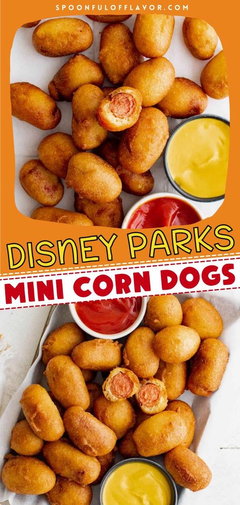 Mini Corn Dogs (Disney Parks), New Year appetizer recipes, Gameday food ideas Corn Bites, Corn Dog Bites, Corn Dog Batter, Homemade Corndogs, Corndog Recipe, Mini Corn Dogs, Corn Dog, Popular Snacks, Hot Dog Recipes