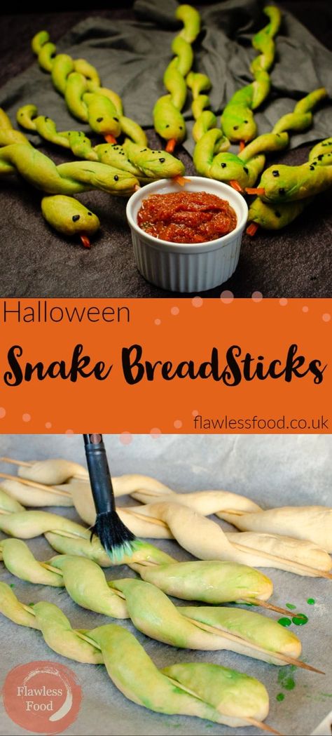 These Spooky Snake Breadsticks make a perfect addition to your Halloween Party Food table. A great healthy appetiser idea to surprise the kids and grown-ups alike. Step by step recipe to make your own breadsticks and how to shape and decorate them into snakes. Serve with your choice of sauce to dip your serpent into. Also great for Harry Potter or reptile themed party food. Snake Breadsticks, Halloween Party Food Table, Party Harry Potter, Harry Potter Snacks, Party Food Table, Halloween Party Food, Halloween Menu, Spooky Food, Halloween Fest