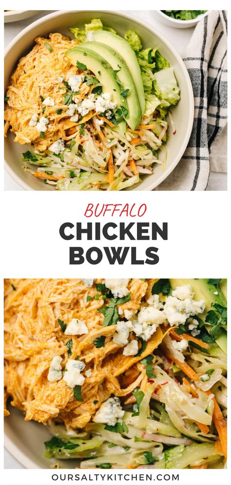 Shredded Buffalo Chicken Crockpot, Buffalo Chicken Recipes Crockpot, Buffalo Chicken Bowl, Buffalo Chicken Bowls, Healthy Shredded Chicken Recipes, Chicken Bowl Meal Prep, Chicken Bowls Healthy, Tangy Slaw, Vinegar Coleslaw