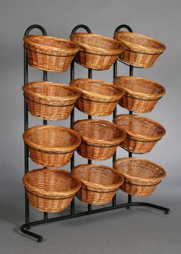 4 Tier 12 Round Willow Basket Display Rack | CandyConcepts Bucket Display Retail, Fruit Shelf Display, Mini Market Store Ideas Design, Fruit Display Ideas Kitchen, Racks Design Display, Display Rack Design Retail Stores, Mini Store Design, Retail Store Display Ideas, Mini Market Store Ideas