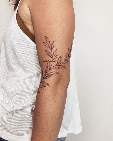 Daisy Tattoo Inner Bicep, Greenery Half Sleeve Tattoo, Leaf Vine Tattoo Around Arm, Fern Tattoo Wrap Around, Arm Wrap Around Tattoos For Women, Willow Leaf Tattoo Arm, Upper Arm Wrap Tattoo, Leaf Band Tattoo, Wrap Around Bicep Tattoo Women