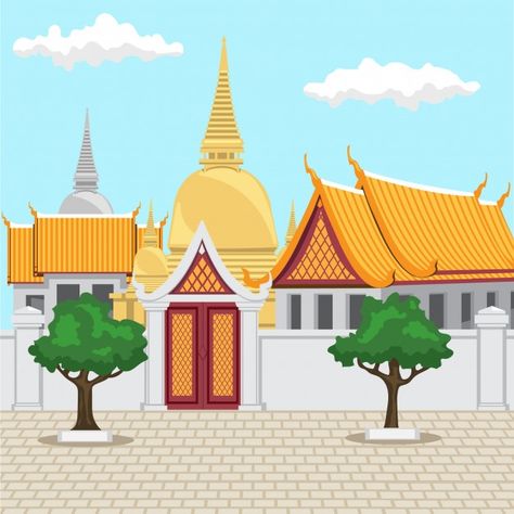 Thailand Drawing, Outdoors Logo Design, Pchum Ben, Castle Cartoon, Thai Architecture, Buddhist Architecture, Thailand Tourist, Thailand Tourism, Temple Thailand