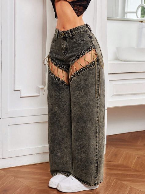 Black Casual Collar  Denim Colorblock,Plain Wide Leg Embellished Non-Stretch  Women Clothing Y2k Pants Women, Stretch Denim Jeans, Colored Denim Outfits, How To Style Black Jeans, Womens Baggy Jeans, Fancy Pants Outfit, Black Jeans For Women, Jean Trousers Outfit, Jean Trousers