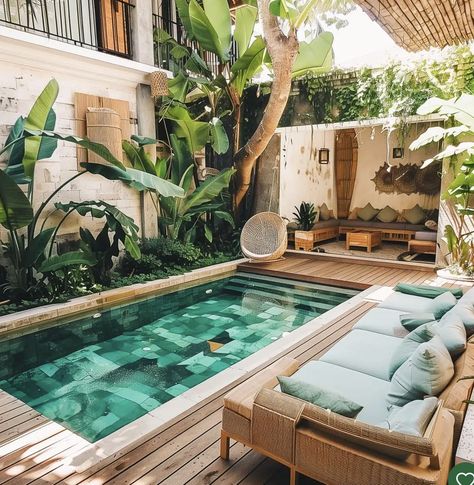 Bali Backyard, Pool Entertainment Area, Tropical Backyard Landscaping, Backyard Pool Ideas, Garden Planning Layout, Tropical Backyard, Architectural Design House Plans, Bali Style, Backyard Landscaping Ideas