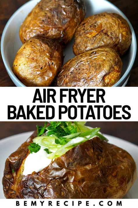 Air-Fryer Baked Potatoes (Crispy on the Outside and Fluffy on the Inside) Air Fryer Baked Potato For One, Baked Potatoes In Air Fryer, Salted Baked Potato, Baked Potato Toppings, Potatoes Crispy, Air Fryer Baked Potato, Large Air Fryer, Making Baked Potatoes, Potato Toppings