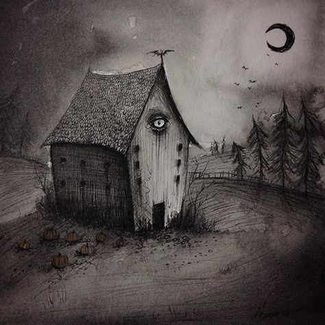 Creepy house drawing by Naisa Gomez @darktownsally Creepy Landscape Drawing, Unsettling Art, Weirdcore Art, Creepy Artwork, Town Drawing, Creepy Houses, Creepy Drawings, Emo Wallpaper, Dark Art Drawings