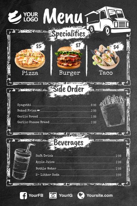 Design created with PosterMyWall Diy Food Truck Menu Board, Food Trailer Food Ideas, Food Truck Menu Design, Food Flyer Design Layout, Food Truck Design Graphics, Food Truck Menu Ideas, Menu Design Ideas Templates, Food Truck Business Plan, Menu Signs