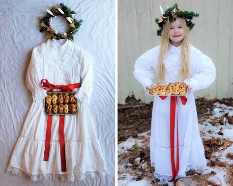 St Lucy Costume For Kids, St Lucia Costume, Saint Lucia Costume, St Lucy Costume, Saint Lucy Costume, Diy Saint Costume For Kids, St Lucia Outfit Ideas, Sankta Lucia, Lucy Costume