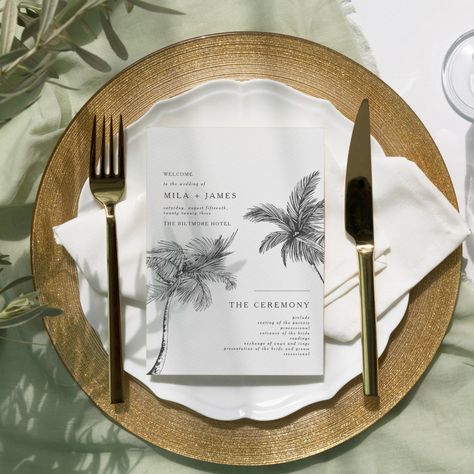 This modern minimalist tropical wedding program features minimalistic line art palm trees that are fully color customizable alongside the text. Our contemporary tropical wedding collection is perfect for a beach or destination wedding, and this program card can be edited to fit your specific wedding needs! Beach Wedding Boho Decor, Classy Tropical Wedding, Tropical Minimalist Wedding, Minimalist Tropical Wedding, Tropical Glam Wedding, Wedding Personal Touches, Hawaii Wedding Ideas, Modern Beach Wedding, Modern Tropical Wedding